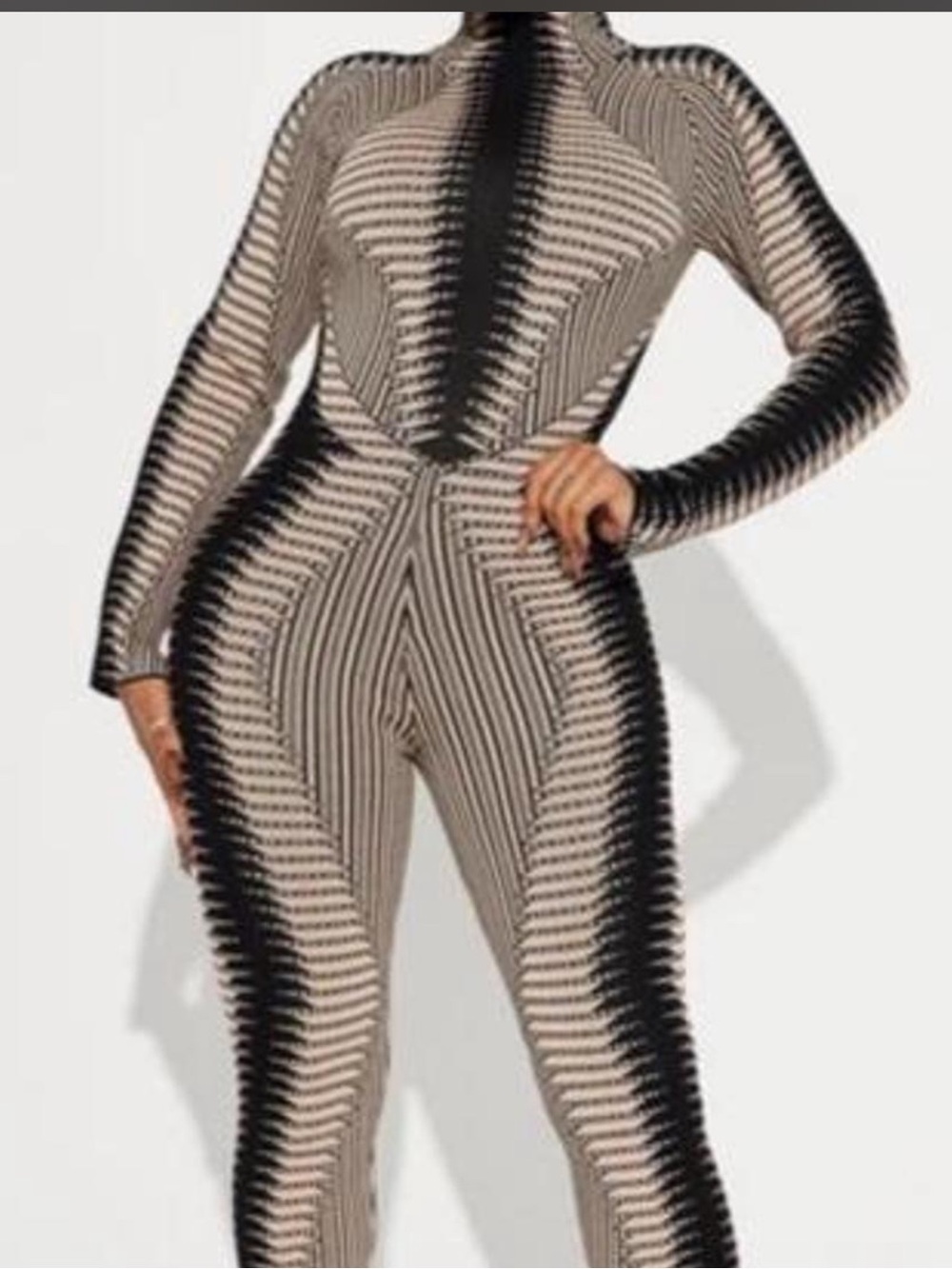 Fashion Nova Black & Cream Striped Long-Sleeve Jumpsuit